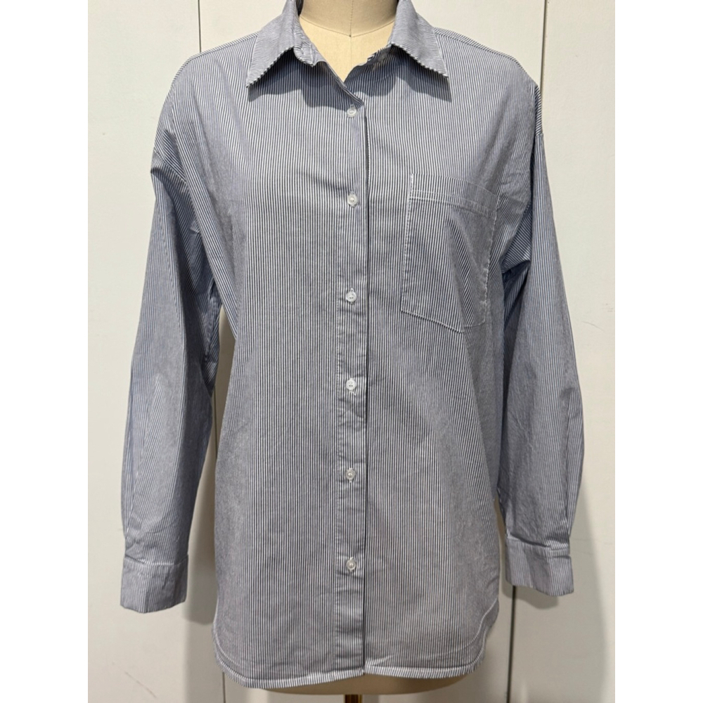 Women's FOREVER 21 Button Down stretch Shirt S White Blue Striped